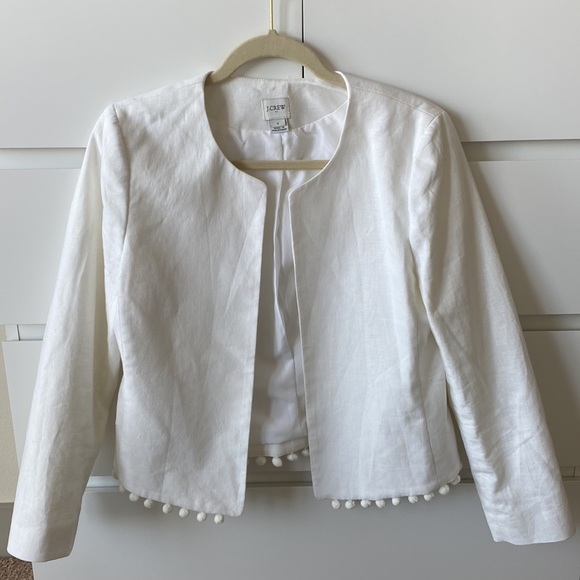White Linen/Cotton Jacket, J Crew with Pom Pom trim. Size S. Worn once. - Picture 2 of 5